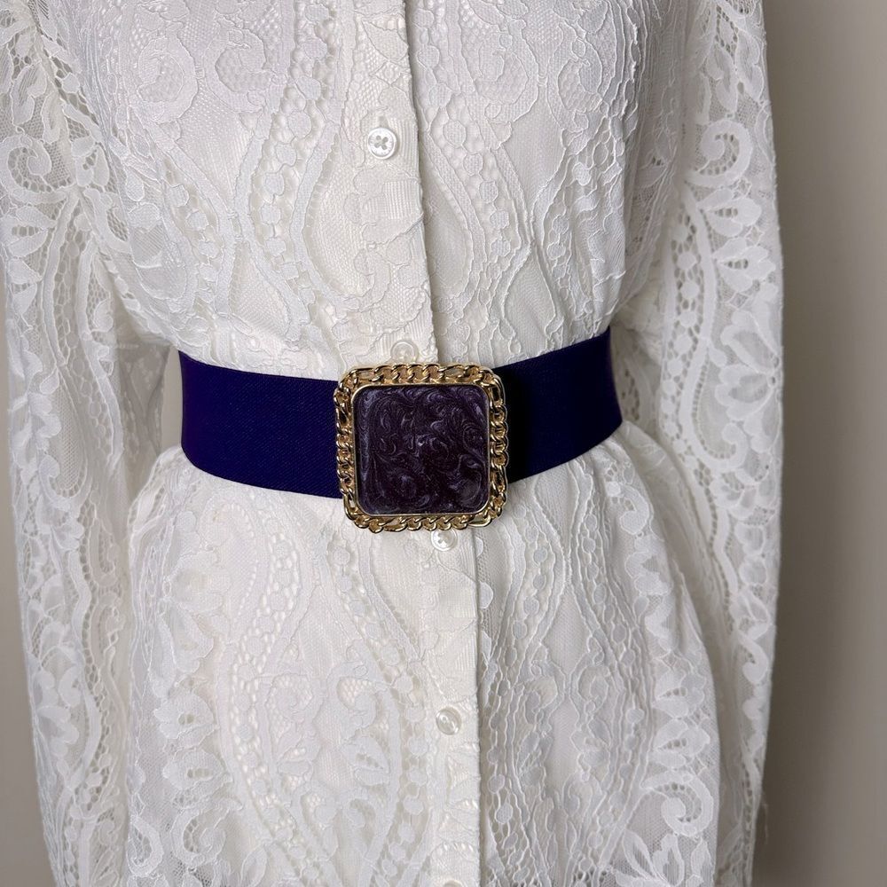 HARWILL NY Purple Gold Chain Link Square Elastic Stretch Vintage Fashion Belt
